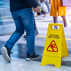 Wet floor caution sign in a public area to avoid accidents - Lamb & Frischer Law Firm